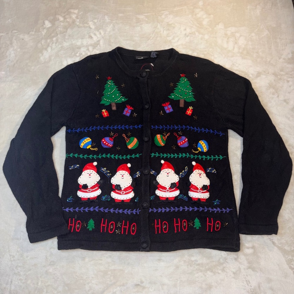 Vintage In Resource Christmas Cardigan Santa Tree Embroidered Black Sweater L